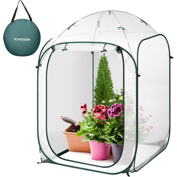 VIVOSUN 39x39x63" Portable Mini Greenhouse with PVC Cover & Detachable Base, Instant Pop-up and Folding, Greenhouse with Roll-Up Door & Mesh Window for Indoor Outdoor, Wind Ropes Included