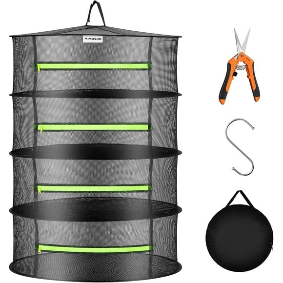 VIVOSUN 4-Layer Herb Drying Net Rack Hanging Design with Green Zippers for Dehydrating, Indoor and Outdoor Pruning Shears Included