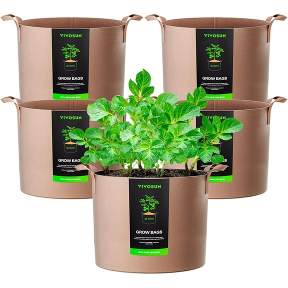VIVOSUN 5-Pack 25 Gallon Brown Grow Bag, Fabric Pot with Handles for Vegtables and Plants