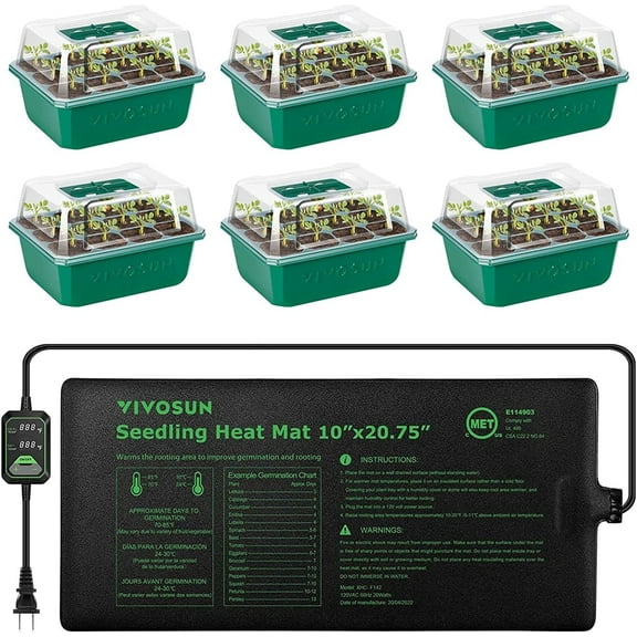 VIVOSUN 6-Pack Seed Starter Trays with 10"x20.75" Seedling Heat Mat,Self-Adjusting Dual Digital Display Temperature Controller, 72-Cell Seed Starter Kit with Humidity Dome, Reusable Propagation Trays