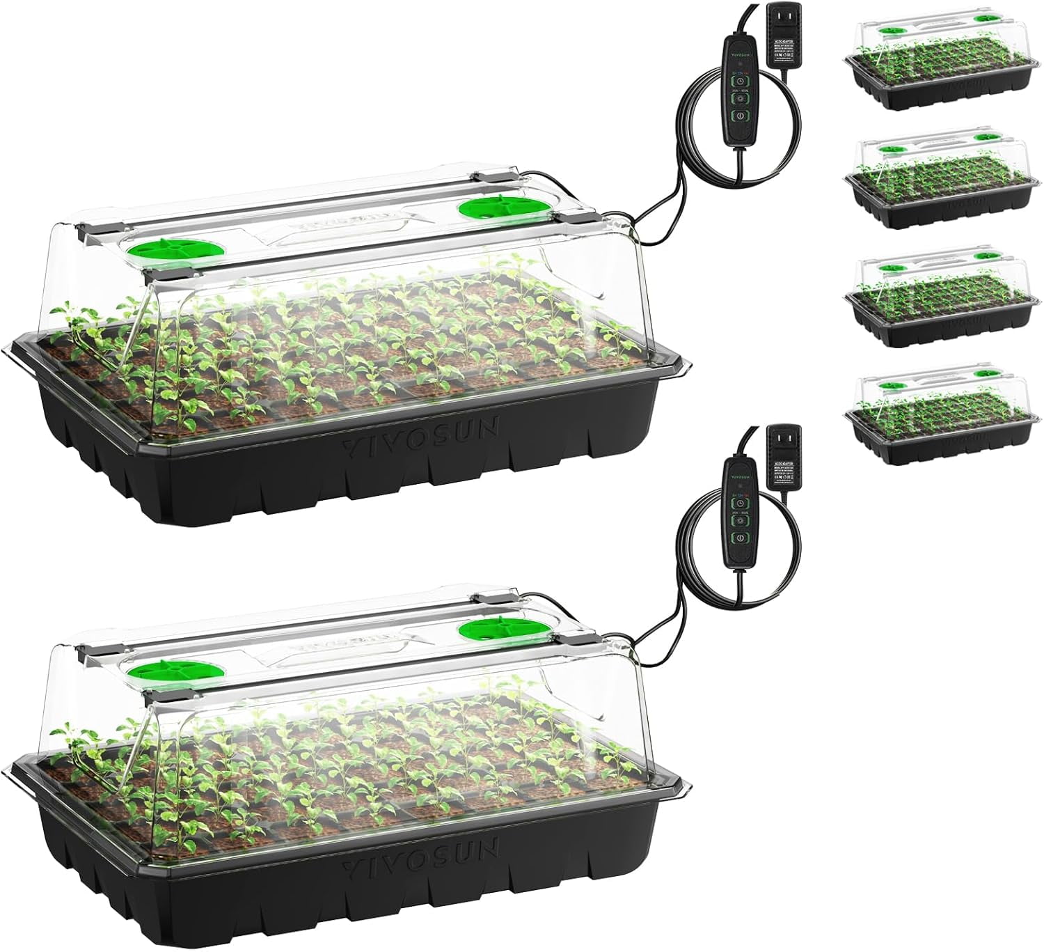 VIVOSUN 6-Pack Seed Starter Trays, 240-Cell Seed Starter Kit with 2 Set of LED Lights, 3.6" Higher Cover, Adjustable Vents,Green Propagation Tray for Planting Seed, 40 Cells x 6 Pack