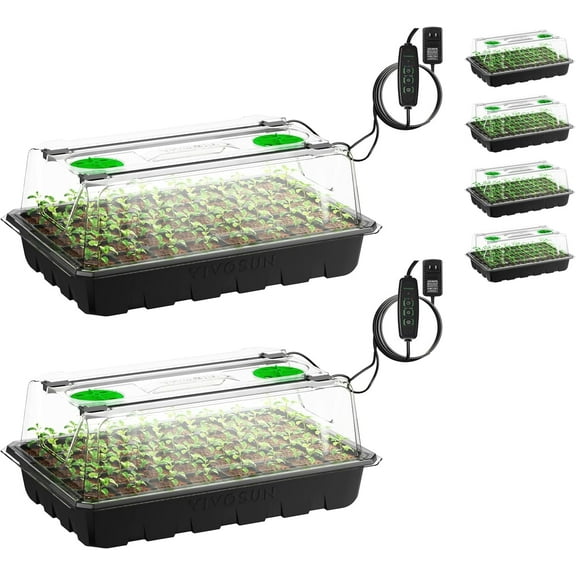 VIVOSUN 6-Pack Seed Starter Trays, 240-Cell Seed Starter Kit with 2 Set of LED Lights, 3.6" Higher Cover, Adjustable Vents,Green Propagation Tray for Planting Seed, 40 Cells x 6 Pack