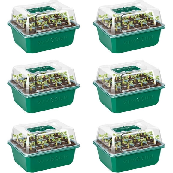 VIVOSUN 6-Pack Seed Starter Trays, 72-Cell Seed Starter Kit with Humidity Dome, Flat Reusable Plant Germination Trays with Drain Hole, Green Propagation Tray for Planting Seeds
