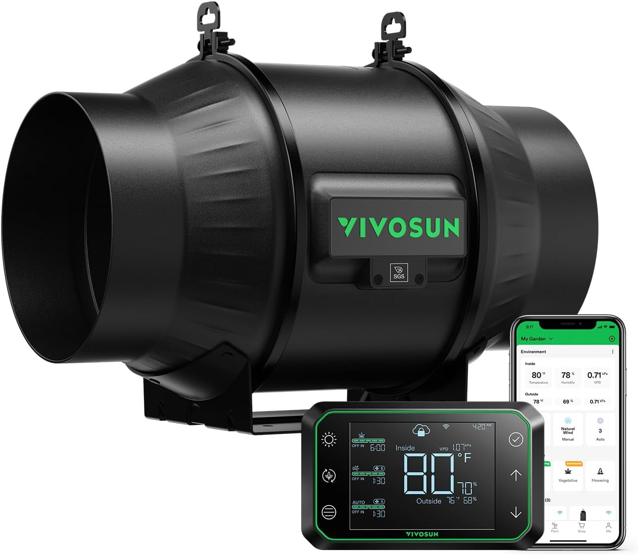 VIVOSUN AeroZesh Pro T6 Inline Duct Fan, Quiet 6" 408 CFM Ventilation Exhaust Fan with GrowHub