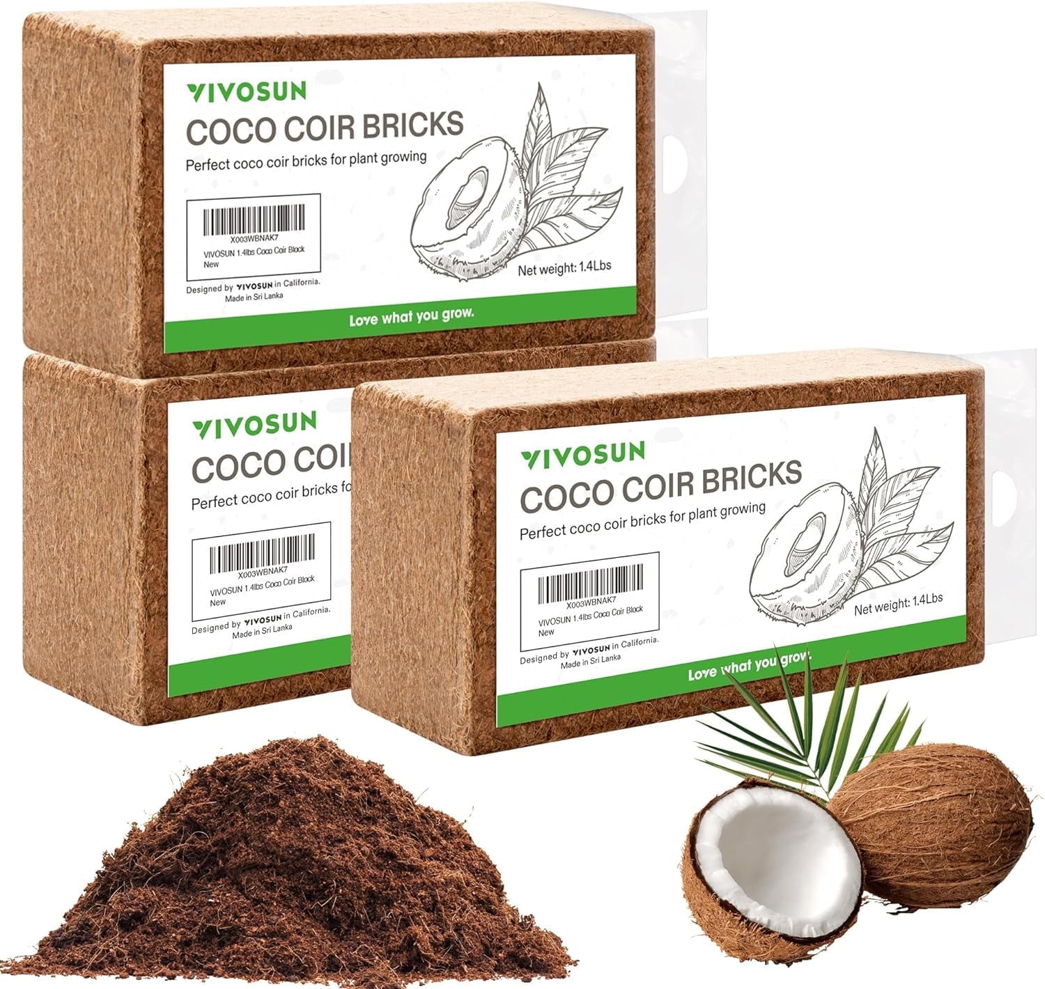 VIVOSUN Coco Coir Brick, 1.4lbs 100% Natural Organic Compressed Coconut Coir Fiber with Low EC, PH Balance & High Nutrition, Coconut Fiber Substrate, Coconut Soil for Plants, 3-Pack