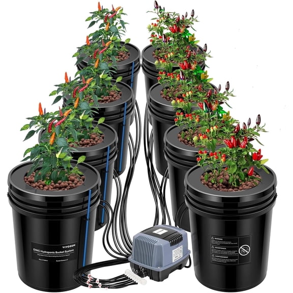 VIVOSUN DWC Hydroponics Grow System with Top Drip Kit, 5-Gallon Deep Water Culture, Recirculating Drip Garden System with Multi-Purpose Air Hose, Air Pump, and Air Stone (8 Buckets + Top Drip Kit)