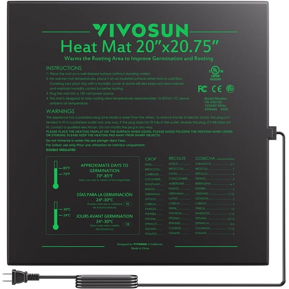 VIVOSUN Durable Waterproof Seedling Heat Mat Warm Hydroponic Heating Pad 20" x 20" MET Standard