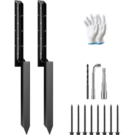 VIVOSUN Fence Post Repair Kit, Heavy-Duty Ground Spike with Gloves for Repairing Tilted or Broken Wood Posts (2 Pack, Black)