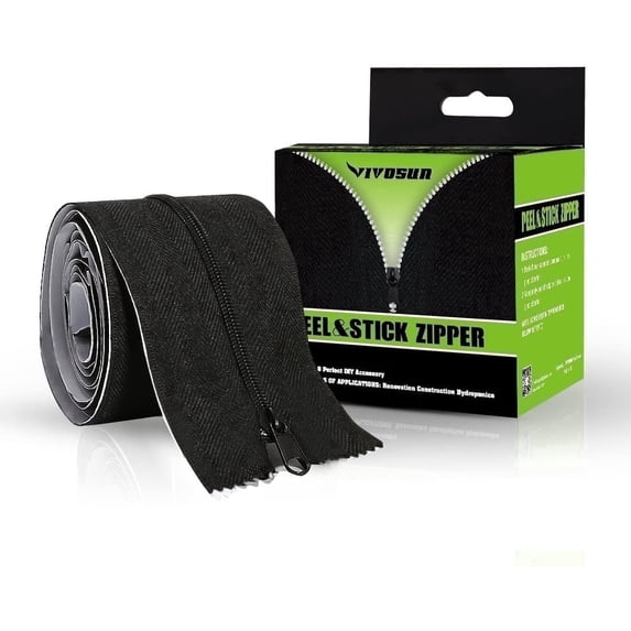 VIVOSUN Heavy Duty Peel & Stick Zipper for Dust Barriers 7ft x 3inch Sewing Fastener, Black