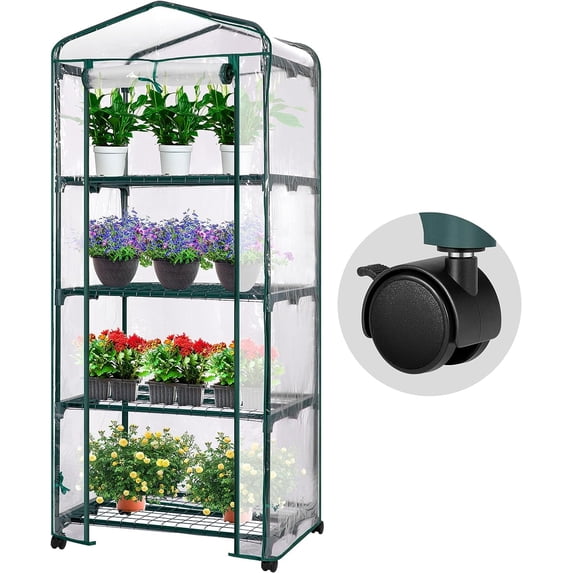 VIVOSUN Mini 4-Tier Greenhouse with Wheels, 27 x 19 x 63-Inch Reusable Portable Warm House with Clear PVC Cover and Shelf for Compact Garden and Small Backyards, with Wheels