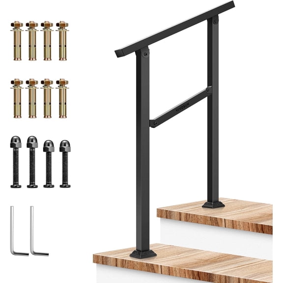 VIVOSUN Outdoor Handrail, 2 Step Stair Handrail, 26" 36" Fits 1 to 2 Steps, Wrought Mattle Iron Handrail for Concrete Steps, Porch Steps, One-Step Assembly, Black