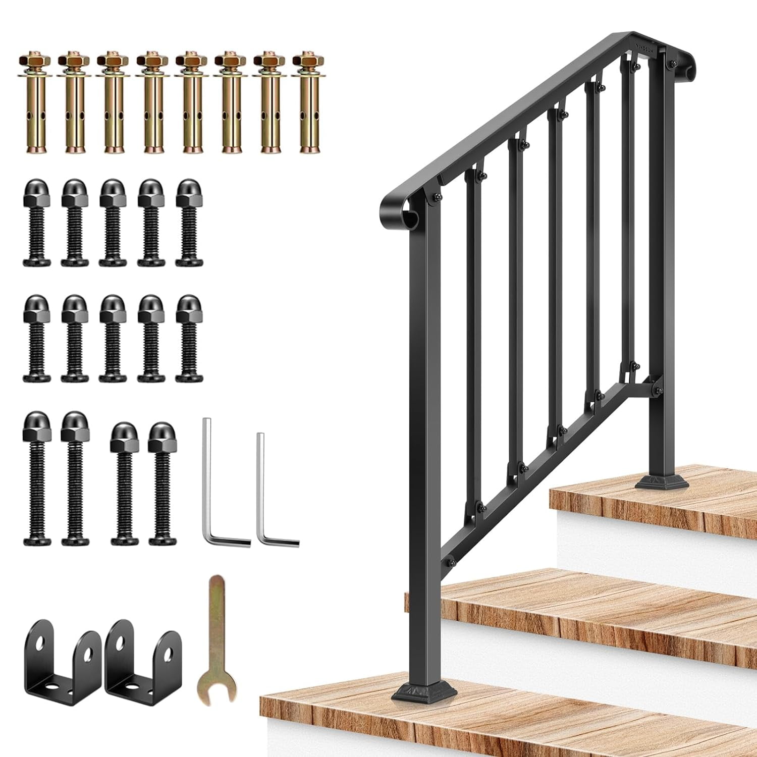 VIVOSUN 3-4 Step Black Wrought Iron Stair Handrail Kit