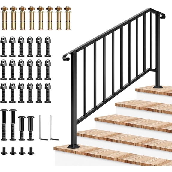 VIVOSUN Outdoor Handrail, 5 Step Stair Handrail, 69" x 36" Fits 1 to 5 Steps, Wrought Mattle Iron Stair Railing with Curved End and Balusters for Concrete Step, Porch Steps, One-Step Assembly, Black