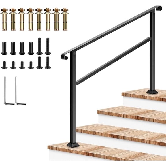 VIVOSUN Outdoor Handrail, 54" x 36" Fits 1-4 Steps, Wrought Iron Stair Railing with Curved Ends, One-Step Assembly, Black