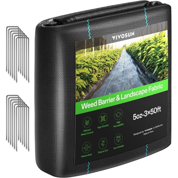VIVOSUN Premium Weed Barrier Landscape Fabric Heavy Duty, 3ftx50ft 5oz Double-Layered Weed Control Mat with High Permeability with 12 Landscape Staples, Easy Set up & Superior Weed Control