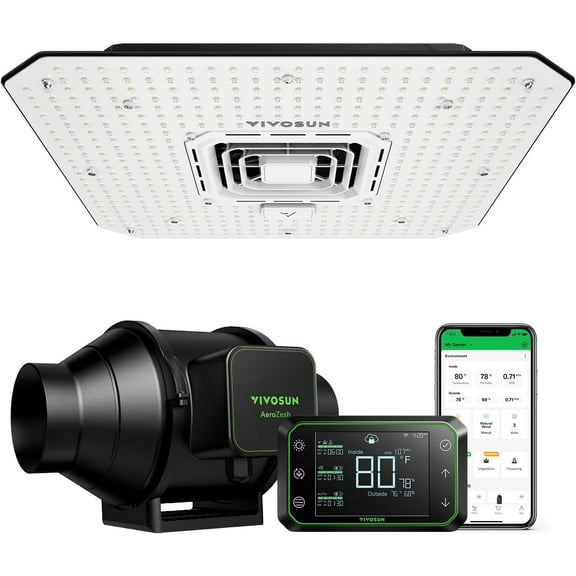 VIVOSUN Smart Grow System with AeroLight A100SE 100W LED Grow Light with Circulation Fan, AeroZesh S4 4-inch 208 CFM Inline Duct Fan, and GrowHub E42A Temperature & Humidity WiFi-Controller