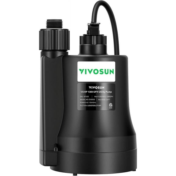 VIVOSUN Submersible Water Sump Pump, 1/5HP 1380GPH Utility Pump, Thermoplastic Sump Pump with 10ft Cable
