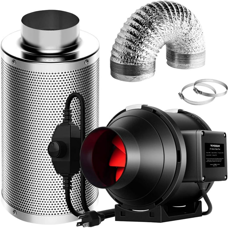 VIVOSUN 4in Duct 190 CFM Inline Ventilation Fan 50W 120V Carbon Filter Black