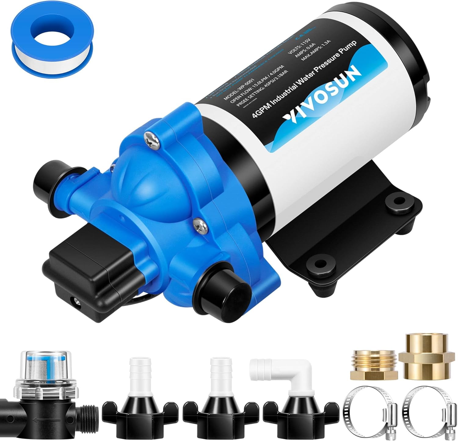 VIVOSUN Water Pressure Pump, 115VAC 4 GPM 45 PSI Diaphragm Water Pump/Strainer for Bathrooms, Kitchens, RVs, and Yachts (Fixable)