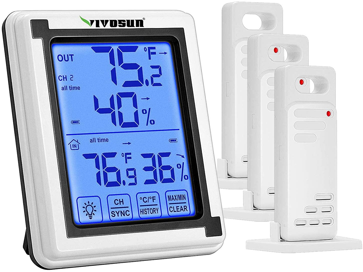 VIVOSUN Wireless Thermometer and Hygrometer with 3 Remote Sensors, Digital Humidity Monitor with Touchscreen