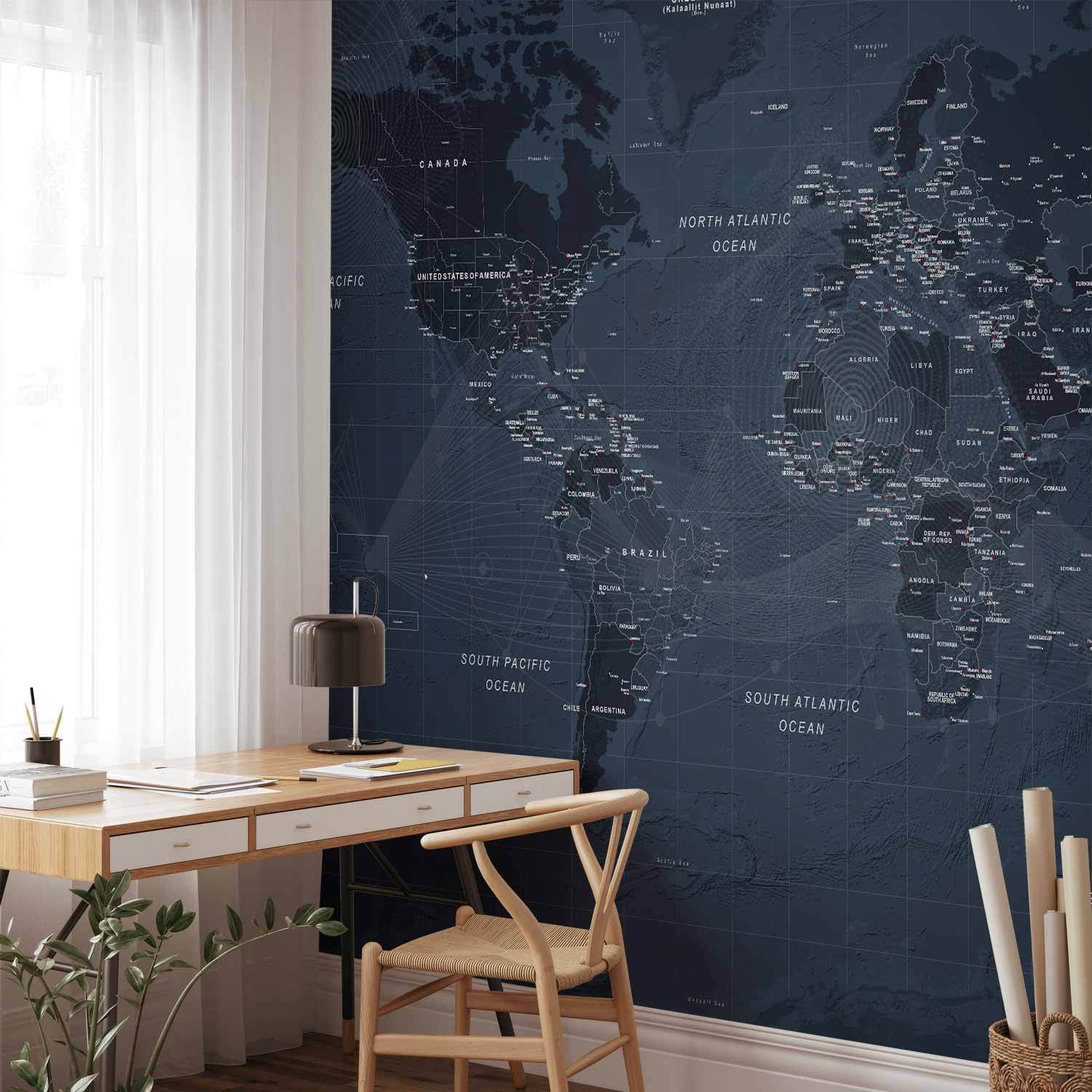 VIVYET Wall Mural - World map in blue - continents with inscriptions in ...