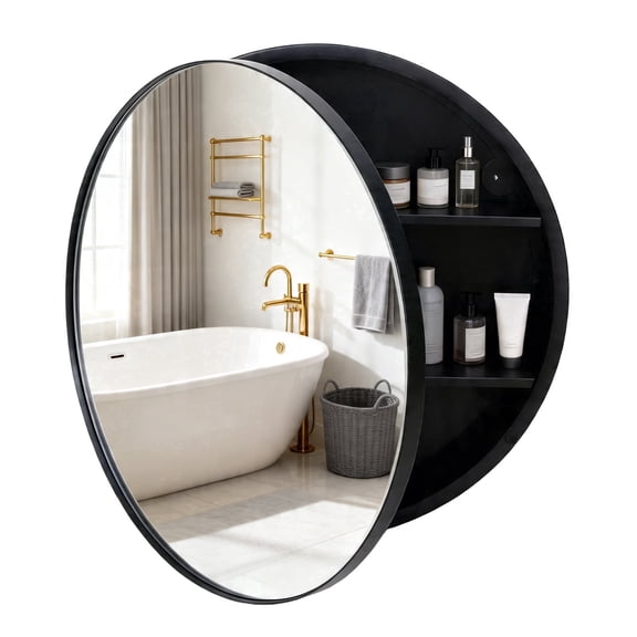 VIWILII Round Medicine Cabinet with Mirror, 20x20 Inch, Brushed Black, Surface Mount Bathroom Storage with 2 Fixed Shelves