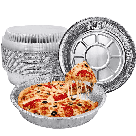 VIWING 9'' Inch Round Tin Foil Pans Disposable Aluminum Pans with Clear Lids (30 Pack), Freezer & Oven Safe - For Baking, Cooking, Storage, Roasting, & Reheating, Recyclable, Pack of 30