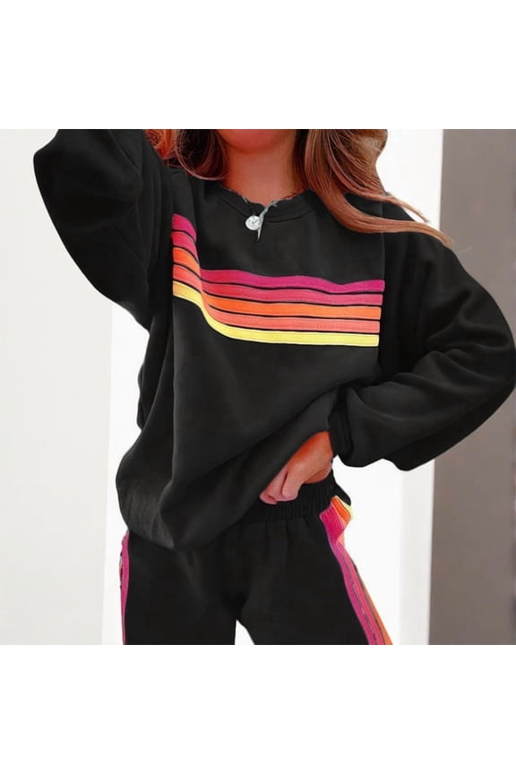 2-Piece Women's Rainbow Striped Sweatsuit Long Sleeve Crewneck Lounge Set with Elastic Waist Pants Black,XL