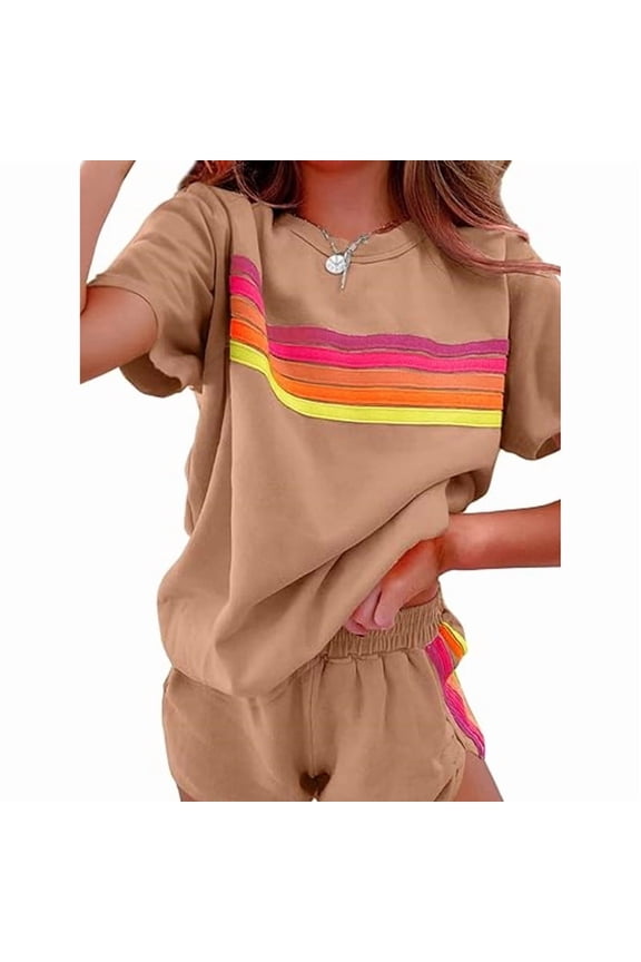 2-Piece Women's Striped Shorts Set, Summer Short Sleeve Top & Shorts Outfit, Casual Athletic Outfit Brown,S