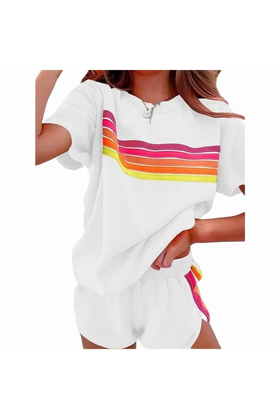 2-Piece Women's Striped Shorts Set, Summer Short Sleeve Top & Shorts Outfit, Casual Athletic Outfit White,M