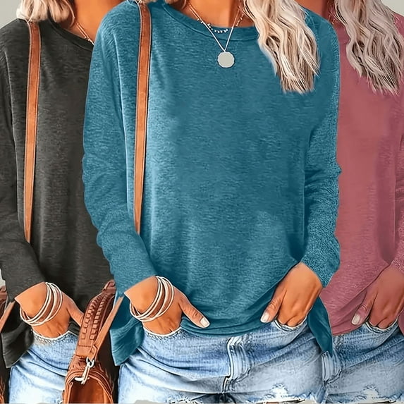 VIWORLD 3-Pack Women's Plus Size Long Sleeve Tunics, Loose Fit Crewneck Basic Tee Tops for Fall Black Blue Fuchsia,5XL