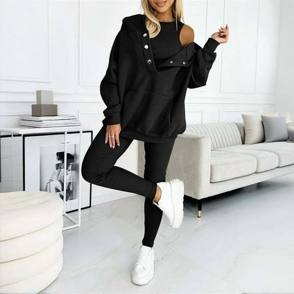 VIWORLD 3-Piece Women's Solid Color Sportswear Set Sleeveless Vest Hooded Sweatshirt Slim Pants Button Detail Wear Black,S