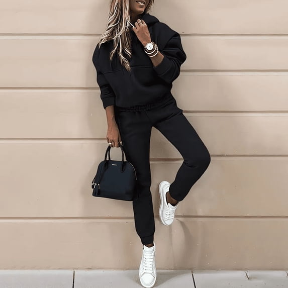 VIWORLD Casual Hoodie and Jogger Set - Women's Winter Solid Color Sweatsuit for Cold Weather Comfort Black,XL