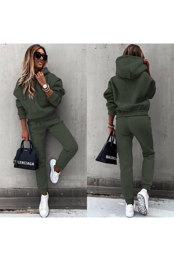 Casual Hoodie and Jogger Set - Women's Winter Solid Color Sweatsuit for Cold Weather Comfort Dark Green,M