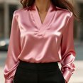 thumbnail image 1 of VIWORLD Elegant Shiny Finish Blouse - V-Neck Long Sleeve Dress Shirt for Women's Office & Casual Outfits Pink，L, 1 of 4