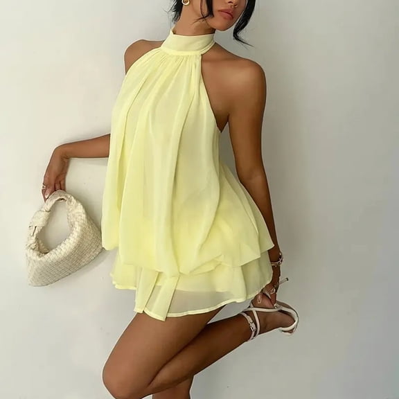 VIWORLD Ethereal Bow Halter Neck Dress: Women's Backless Ruffle Flowy A-Line Mini Dress for Versatile Summer Wear Yellow，S