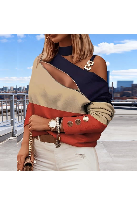Fashion Blouse: Women's Asymmetrical Zip-Front Color-Block Top with Cold Shoulder & Button Accents Multicolor,S