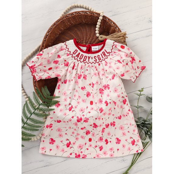 VIWORLD Girls' Adorable Smocked Floral Dress Short Sleeve Crew Neck with "DADDY'S GIRL" Embroidery Perfect for Parties & Special Occasions
