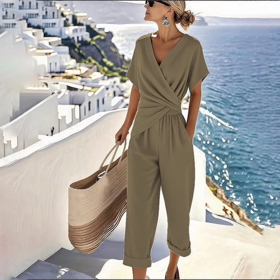 VIWORLD Modern Utility Set: Women's Solid Color 2-Piece Featuring a Cross V-Neck Ruched Top & Pocketed Wide-Leg Jumpsuit Khaki,S