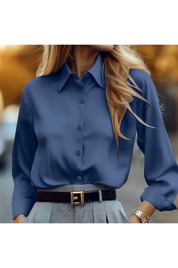 Plus Size Classic Button-Down Shirt - Lapel Collar Long Sleeve Office Blouse for Professional Wear Blue，2XL