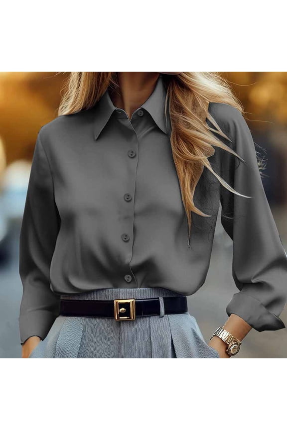 Plus Size Classic Button-Down Shirt - Lapel Collar Long Sleeve Office Blouse for Professional Wear Gray,3XL