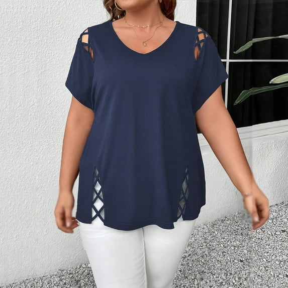 VIWORLD Plus Size Women's Solid Color V-Neck T-Shirt with Cross-hollowed-out Detail Loose Fit Summer Top Navy Blue，2XL