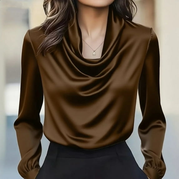 VIWORLD Solid Color Elegant Cowl Neck Ruffle Blouse - Women's Long Sleeve Office Shirt for Formal Wear Coffee，M