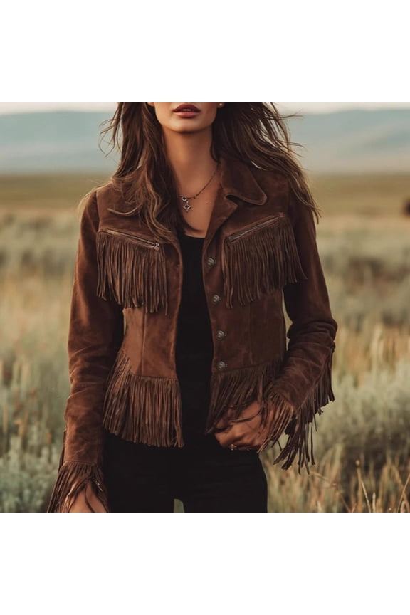 Solid Color Women's Button-Down Fringe Jacket - Western Style Faux Suede Coat for Seasonal Wear Coffee,XL