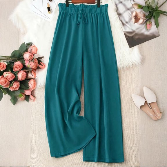 VIWORLD Spring&Summer Plus Size Flowy Wide Leg Lounge Pants  Elastic Waist Lightweight Trousers for Women Dark cyan，4XL