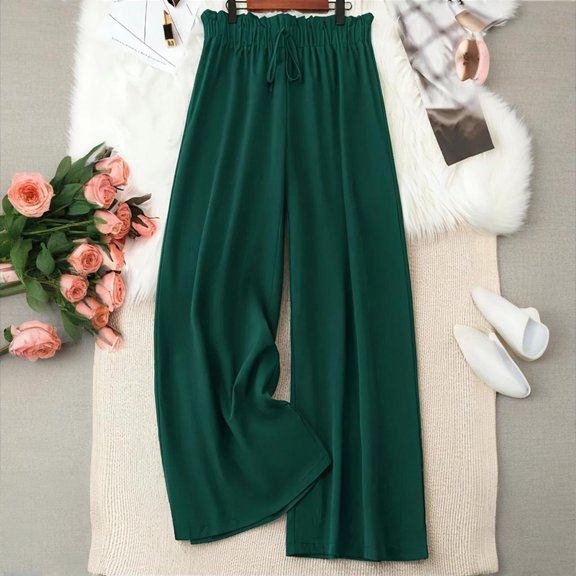 VIWORLD Spring&Summer Plus Size Flowy Wide Leg Lounge Pants  Elastic Waist Lightweight Trousers for Women Green，XL