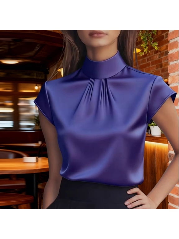 Summer Office Satin: Women's High Neck Short Sleeve Blouse with Ruffle Trim for Elegant Professional Style Violet,L