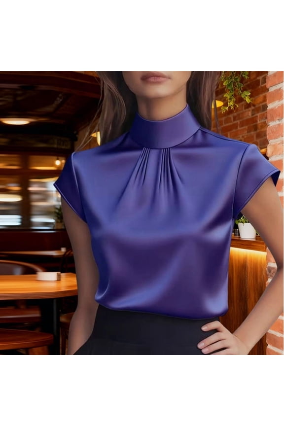 Summer Office Satin: Women's High Neck Short Sleeve Blouse with Ruffle Trim for Elegant Professional Style Violet,S
