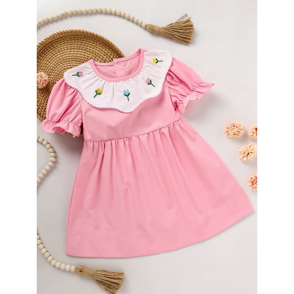 VIWORLD Toddler Baby Girl Pink Tulip Smocked Dress Short Sleeve Princess Dress with Lovely Tulip Embroidery Perfect for Spring Summer