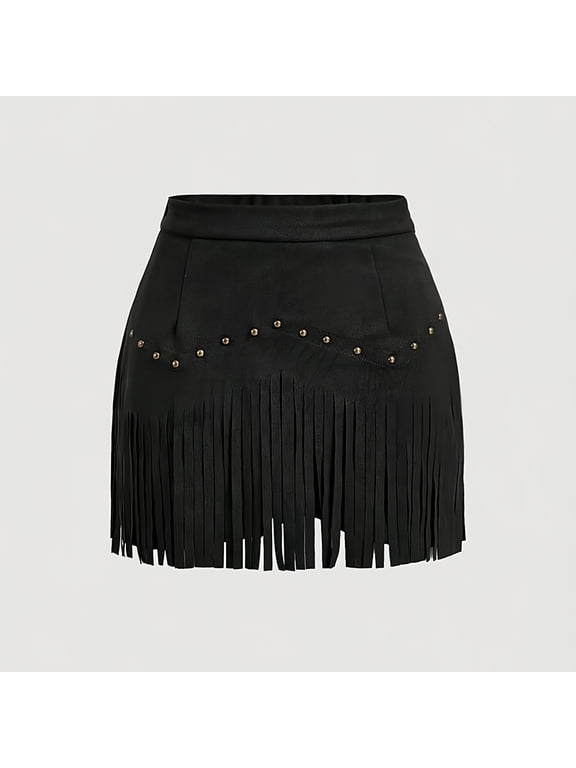 Western Fringe Mini Skirt - A-Line Denim Style with Decorative Button Details For Summer Black,XL